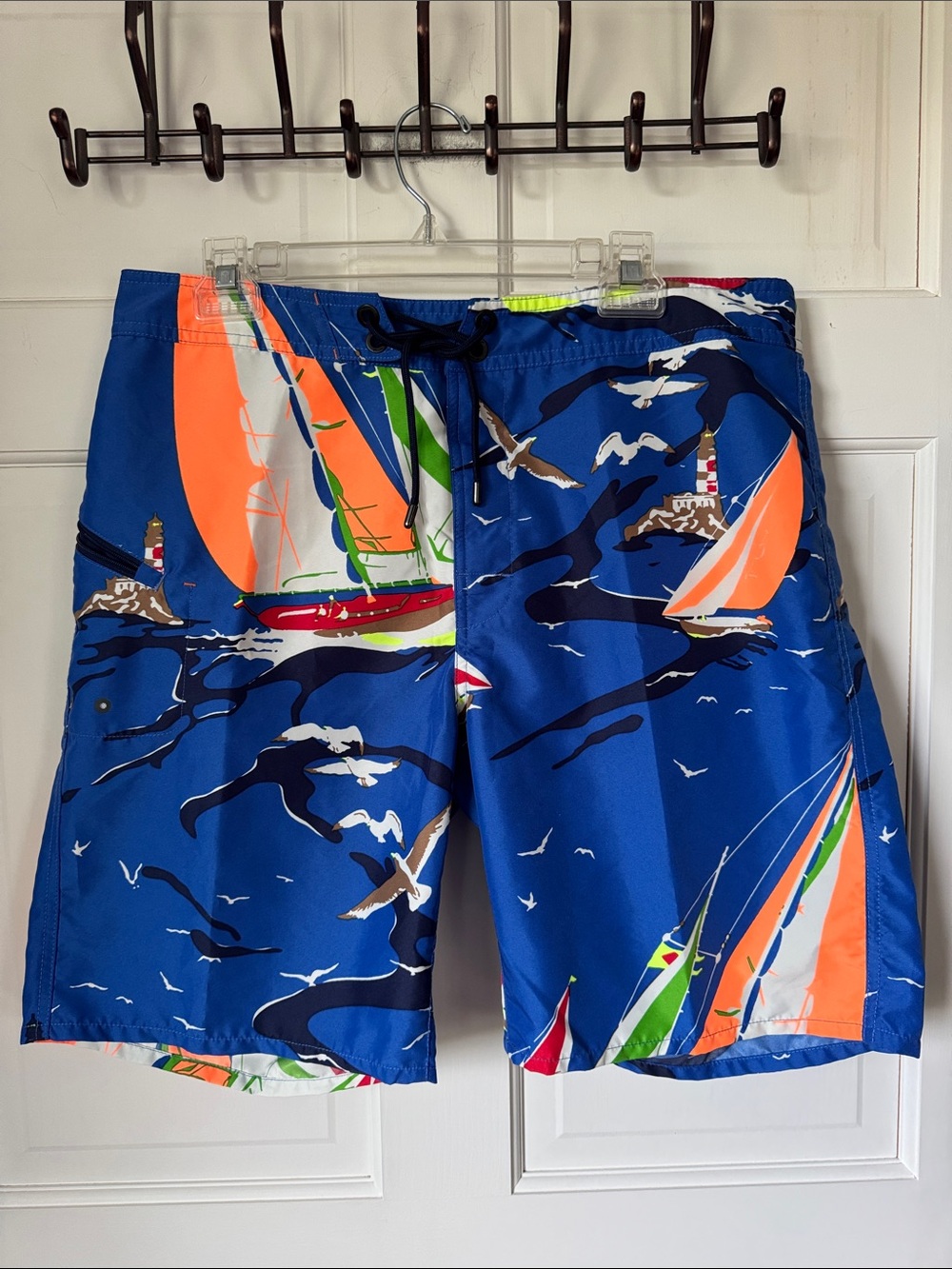 Ralph Lauren RLX Sailboat-Print Swim Board Shorts with Orange & Green Accents